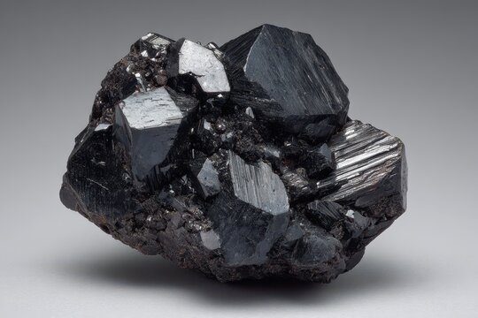 Peruvian hubnerite mineral sample: prismatic, black crystals with sharp facets on neutral display