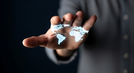 A hand holding a glowing holographic projection of the world map, symbolizing global connection and technology