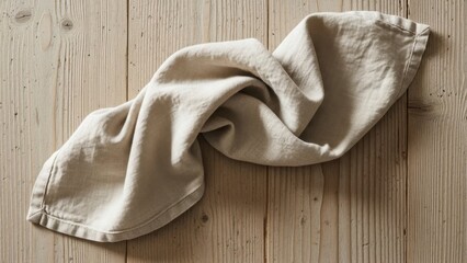 Neutral-toned, wrinkled linen fabric laid on a light-colored wooden surface