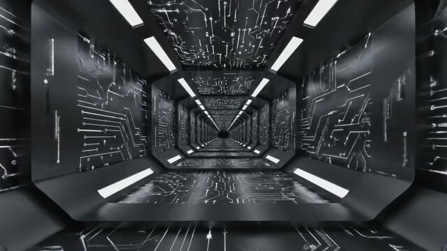Futuristic corridor with digital circuit patterns in a high-tech environment