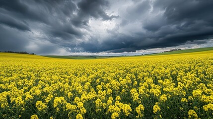 Obraz premium Canola flower fields in bloom, a vast landscape of intense yellow under a dramatic, cloudy sky, creating a powerful contrast, wide-angle panoramic shot. 