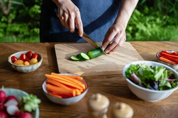 Hands slicing cucumber on wooden board