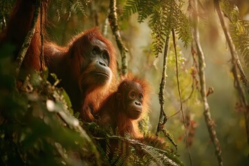 Portrait of a contemplative orangutan amid dense jungle canopy and dappled light