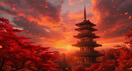 A serene Asian pagoda surrounded by vibrant red trees during a breathtaking sunset with a dramatic cloudy sky.