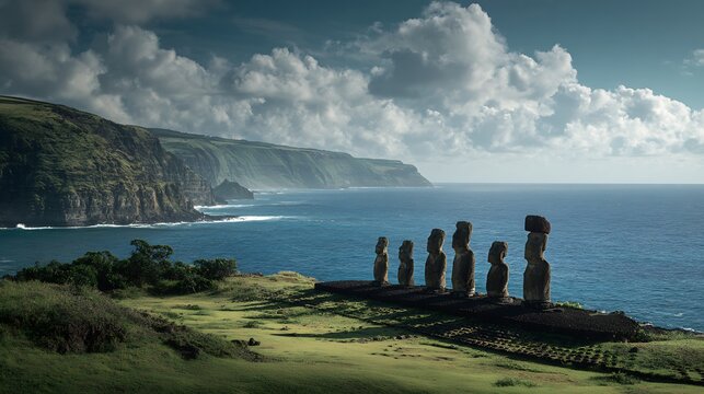 Dramatic coastal view of ancient stone statues on a raised platform, with a dramatic sky