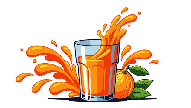 A vibrant splash of fresh orange juice exploding from a glass, with ripe oranges and green leaves on the side