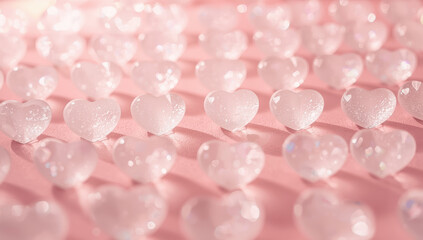 Fototapeta premium Sparkling heart candy on pink surface with soft bokeh lighting