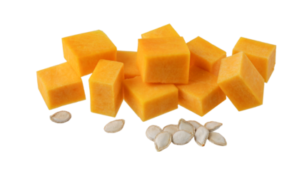 Cutting fresh ripe butternut squash and pumpkin seeds isolated on white background. Healthy autumn sweet honey pumpkin.