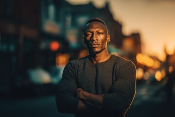 Quiet conviction: a poised adult stands on an urban street at dusk, radiating resolve