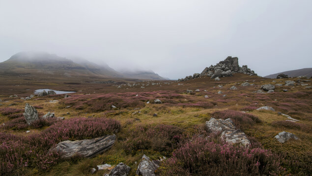 Misty rocky highland moor with purple heather and scattered boulders under overcast sky