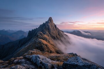Obraz premium Quiet Mountainscape: Lone Summit and Rolling Clouds at Sunrise