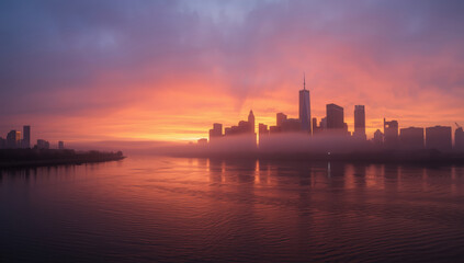 Sunset city skyline sunrise fog waterfront reflection vibrant morning glow