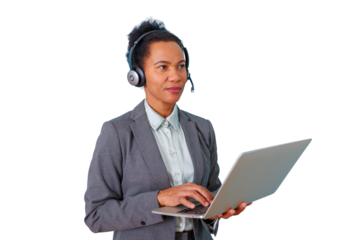 Female call center agent wearing headset and typing on laptop, providing customer service support during a virtual meeting, transparent background