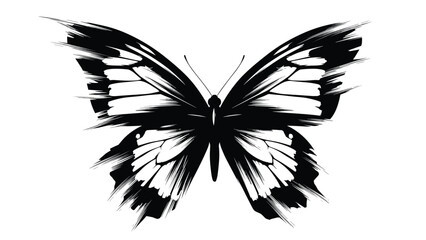 Large artistic butterfly with wings made of fast black brush strokes and paint splashes in a dynamic and modern black and white style.