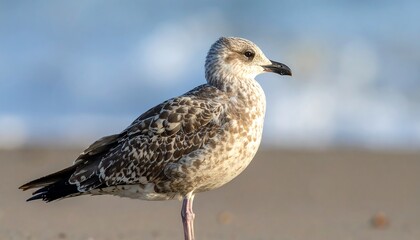 A juvenile bird with patterned feathers stands serenely on the sand, with a blurred ocean background. Soft natural light illuminates its form