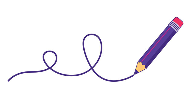 Purple wooden pencil drawing a continuous loopy line on a white background representing creativity, sketching, writing, and artistic expression.