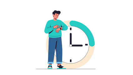 Young man checking his smartwatch next to a clock indicating time management and punctuality