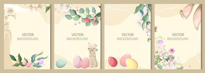 Set of abstract backgrounds with flowers, rabbits, and eggs. Vector for flyers, postcards, design, and social media.

