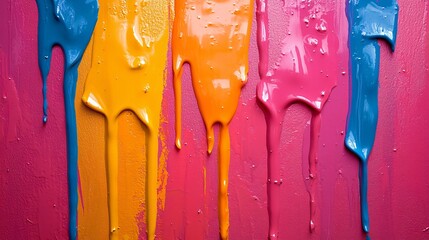 Vibrant paint drips on a bright background create a chaotic, dynamic effect with a burst of color, ideal for adding visual interest.