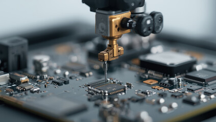 Precision robotic soldering head placing microchip circuit board with focused detail and cool