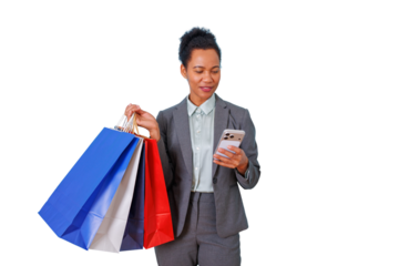 Young businesswoman with shopping bags checking her phone, representing concepts of online retail, smart shopping, and consumer technology