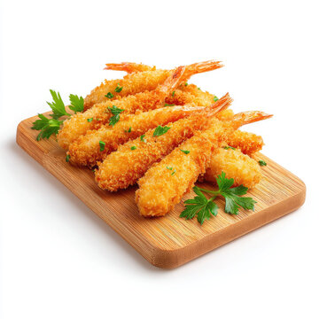 Breaded torpedo shrimp on wooden board with parsley garnish