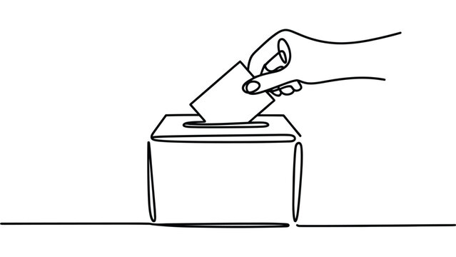 Minimal continuous one line voting illustration of hand placing ballot into box symbolizing democracy election participation and civic responsibility concept