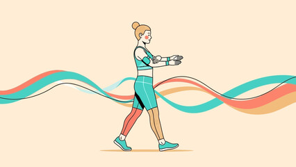 Stylized illustration of a woman engaging in fitness walking with colorful wave patterns in the