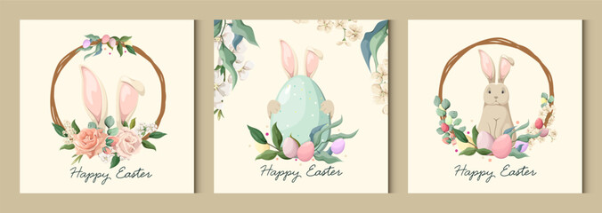 Happy Easter. Set of cute posters with rabbits and flowers. Vector.

