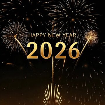 A festive image celebrating the New Year 2026 with vibrant fireworks and a golden 'Happy New Year 2026' message. The background is dark, enhancing the brilliance of the fireworks and the text.