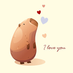 Cute capybara with hearts. I love you. Vector.
