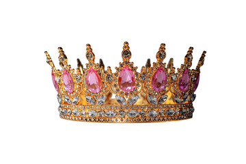 An ornate golden crown adorned with large pink gemstones and clear crystals is isolated on a white background. © Denis Rozhnovsky