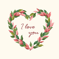 A heart-shaped wreath. I love you. Inscription. Vector.
