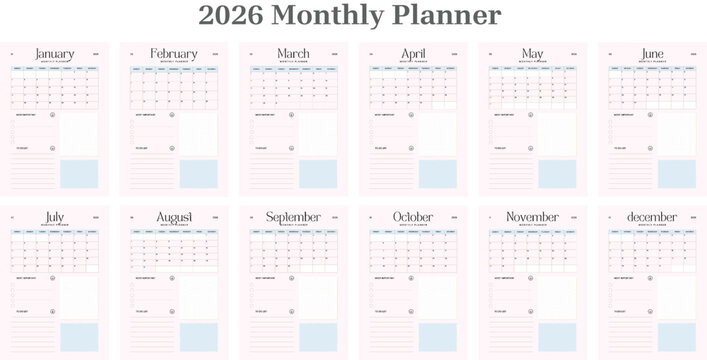 Annual business planner vector illustration featuring a monthly calendar schedule for the new year 2026,  including a diary organizer for every day and month