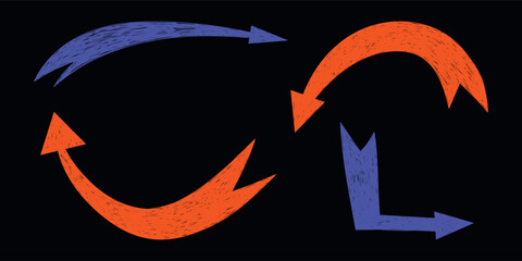 Hand drawn crayon movement arrow collection. Grunge squiggly arrow set. Pencil chalk lines sketch. Color brush scribble element set. Doodle vector illustration.