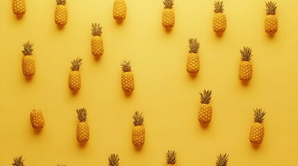 Pineapple Pattern Repetitive Pineapple Arrangement on Vibrant Yellow Background, Tropical Fruit Food Backdrop, Summer Fruits