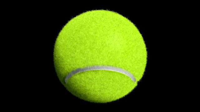 Bright! neon-green tennis ball with fuzzy texture and curved seam, set against obsidian-black gleam