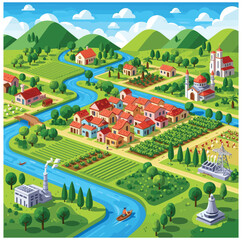 country landscape with ricefield and houses in the hill vector illustration