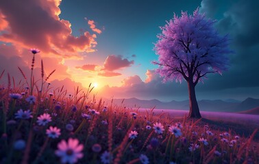 Ethereal Landscape Pink Flower Field with Blossom Tree Dusk Sky Glow