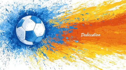Soccer ball in motion with colorful splashes of blue and orange on a white background showing action and energy