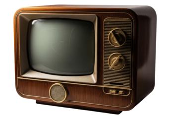 Retro Broadcast Television With Wooden Housing Design, Cut Out, Clipping Path, Isolated on a Transparent PNG Background.
