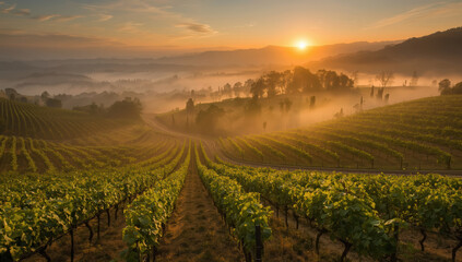 Vineyard sunrise over rolling hills with mist and warm golden light