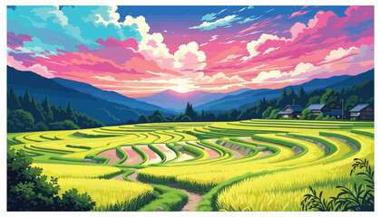 country landscape with ricefield and houses in the hill vector illustration
