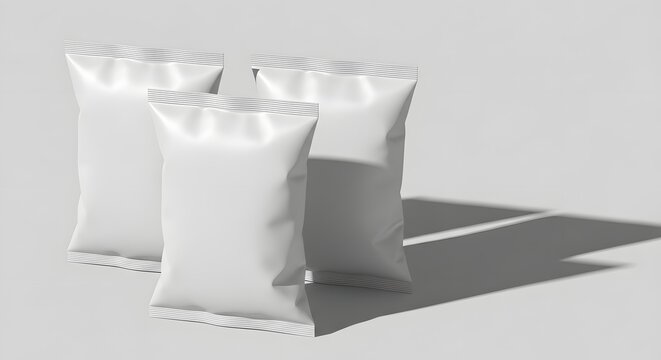 Three white pillow packets on a light background for mockup presentation