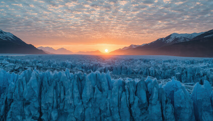 Glacial ice field sunrise horizon serene light warmth