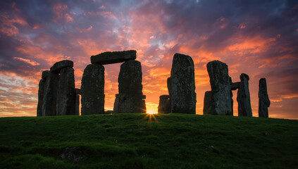 Stone circle at sunrise with dramatic orange sky and green hill, peaceful golden light