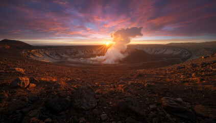 Fototapeta premium Sunrise crater steam vent dramatic volcanic landscape with colorful sky