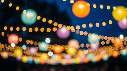 Coming of age day celebration with colorful balloons and string lights