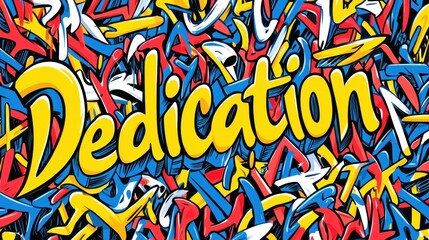 Colorful art with the word Dedication surrounded by abstract shapes in various colors on a bright background