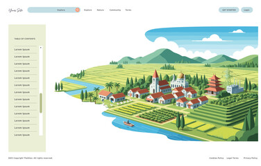 village with houses, ricefield, mountain and river landscape vector illustration. used for posters, landing pages and other